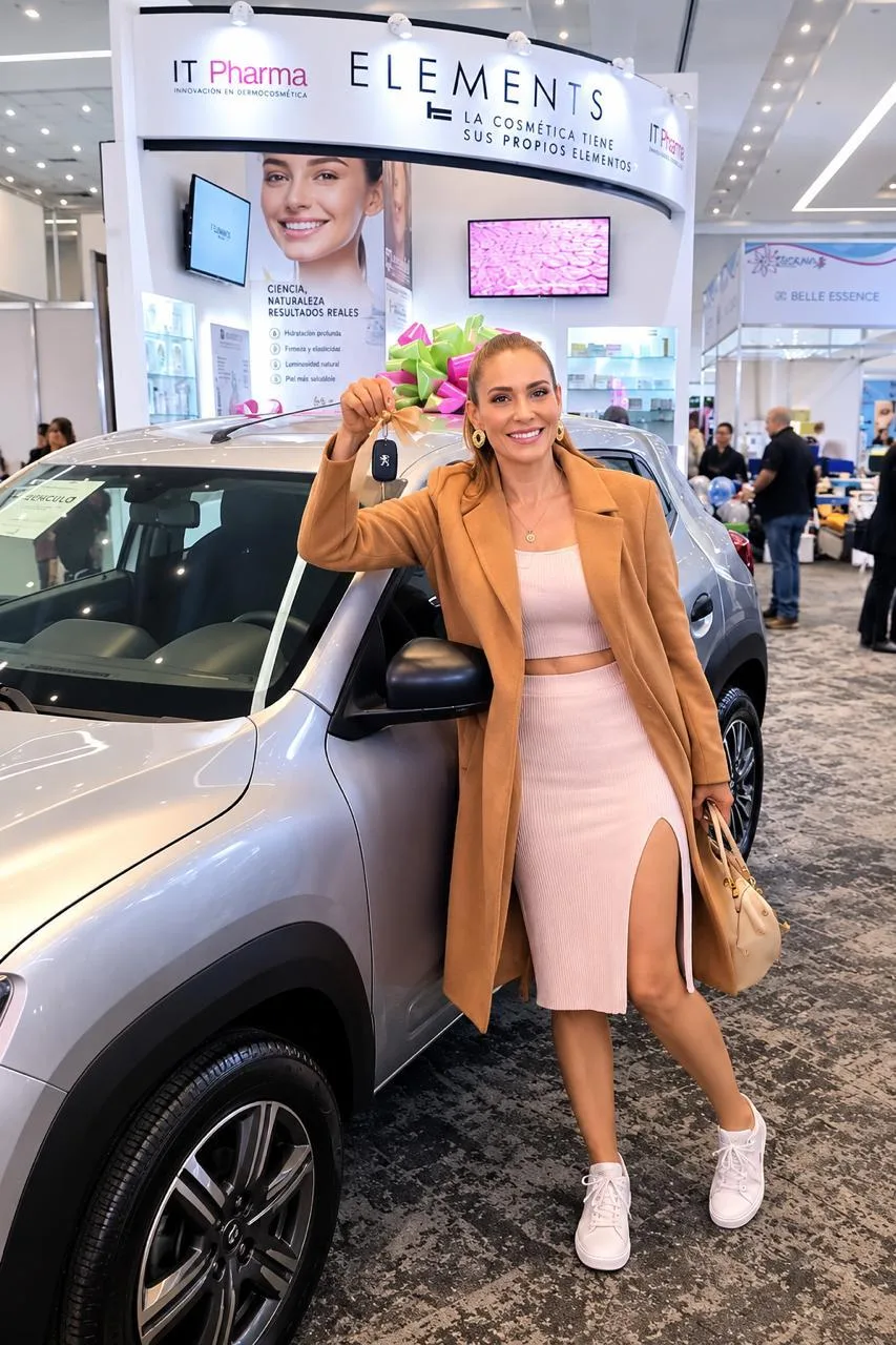 Ganadora del concurso posando con las llaves junto al automóvil que se llevó