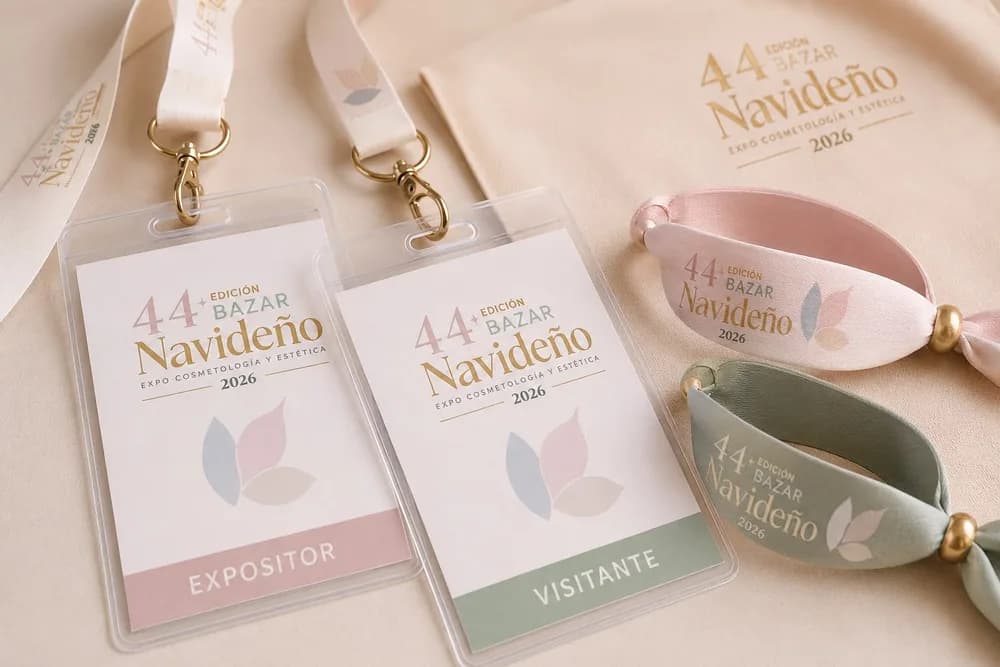 Gafetes de expositor y visitante junto a las pulseras oficiales de la edición