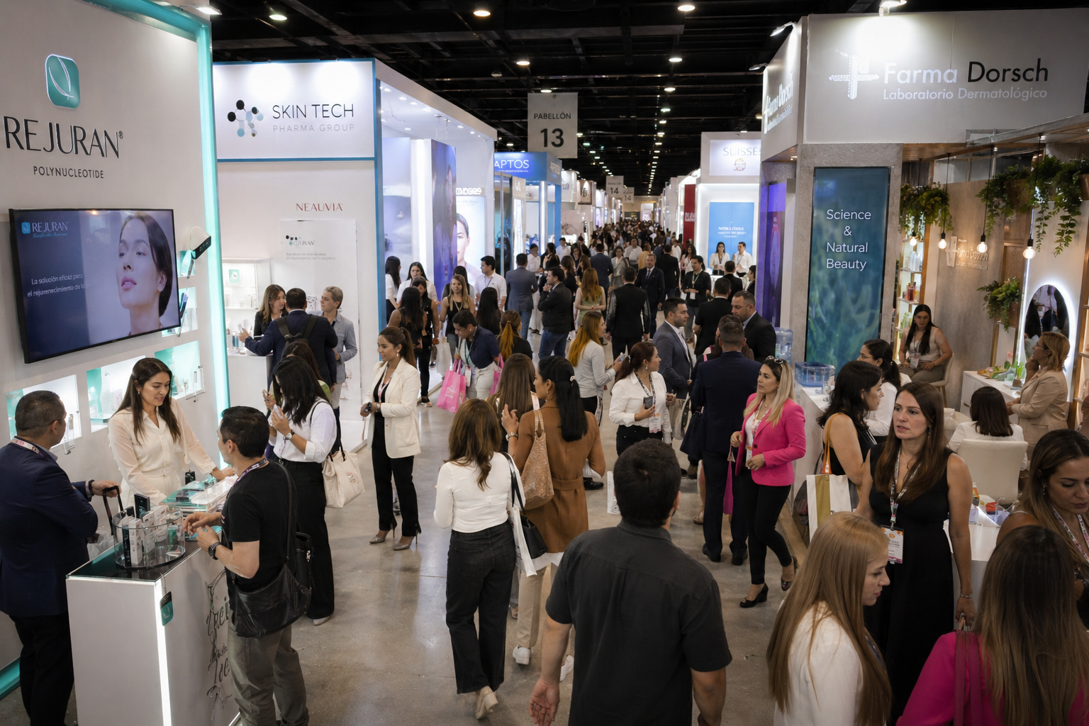 Pasillo principal de la Expo con stands de Rejuran, Skin Tech Pharma Group y Farma Dorsch repleto de visitantes profesionales